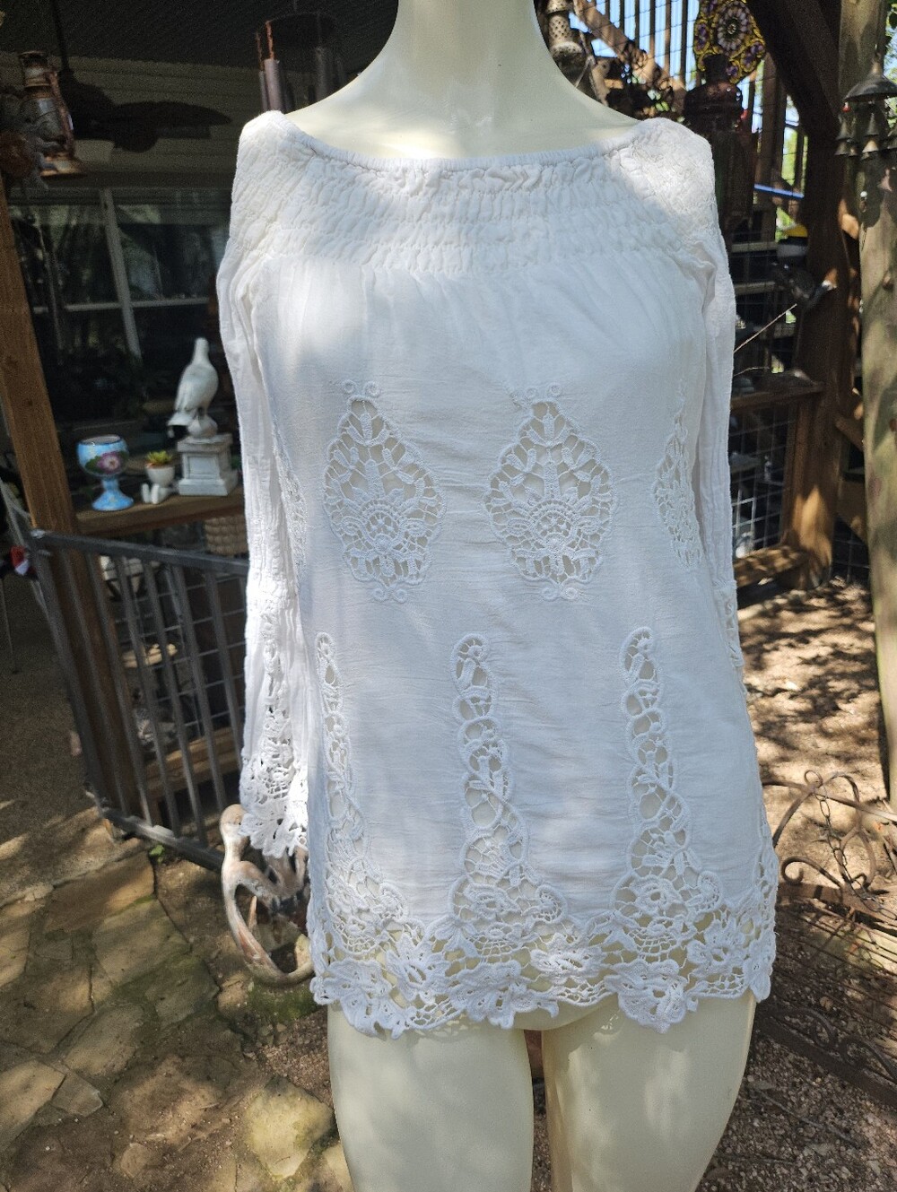 Unmarked White Boho Lace Long Sleeved Peasant Shirt, Lace Sleeves XS